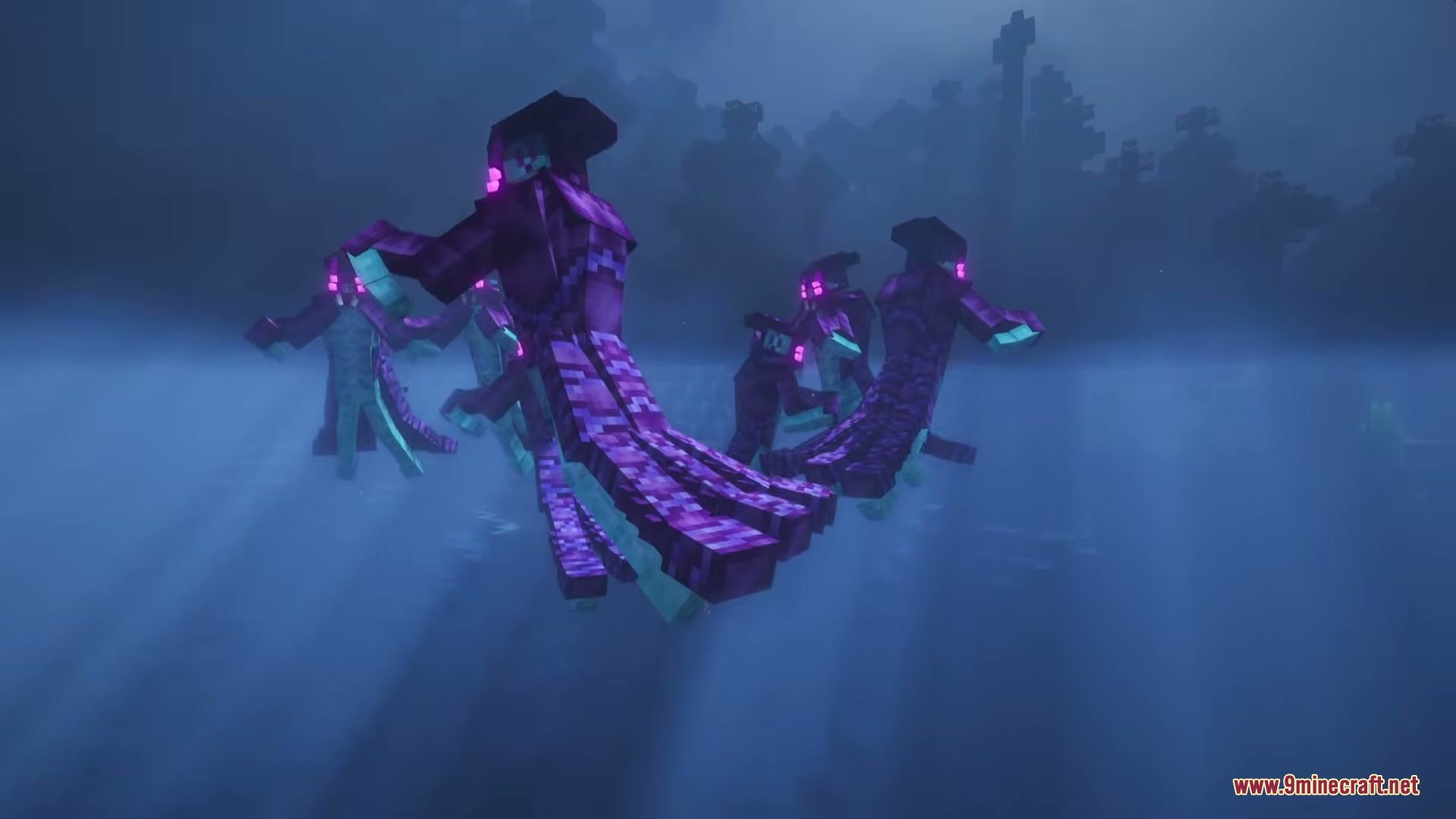 Subnautica Ember Mod Screenshot 6 Purple alien creatures swimming through dark and foggy water in the deep ocean