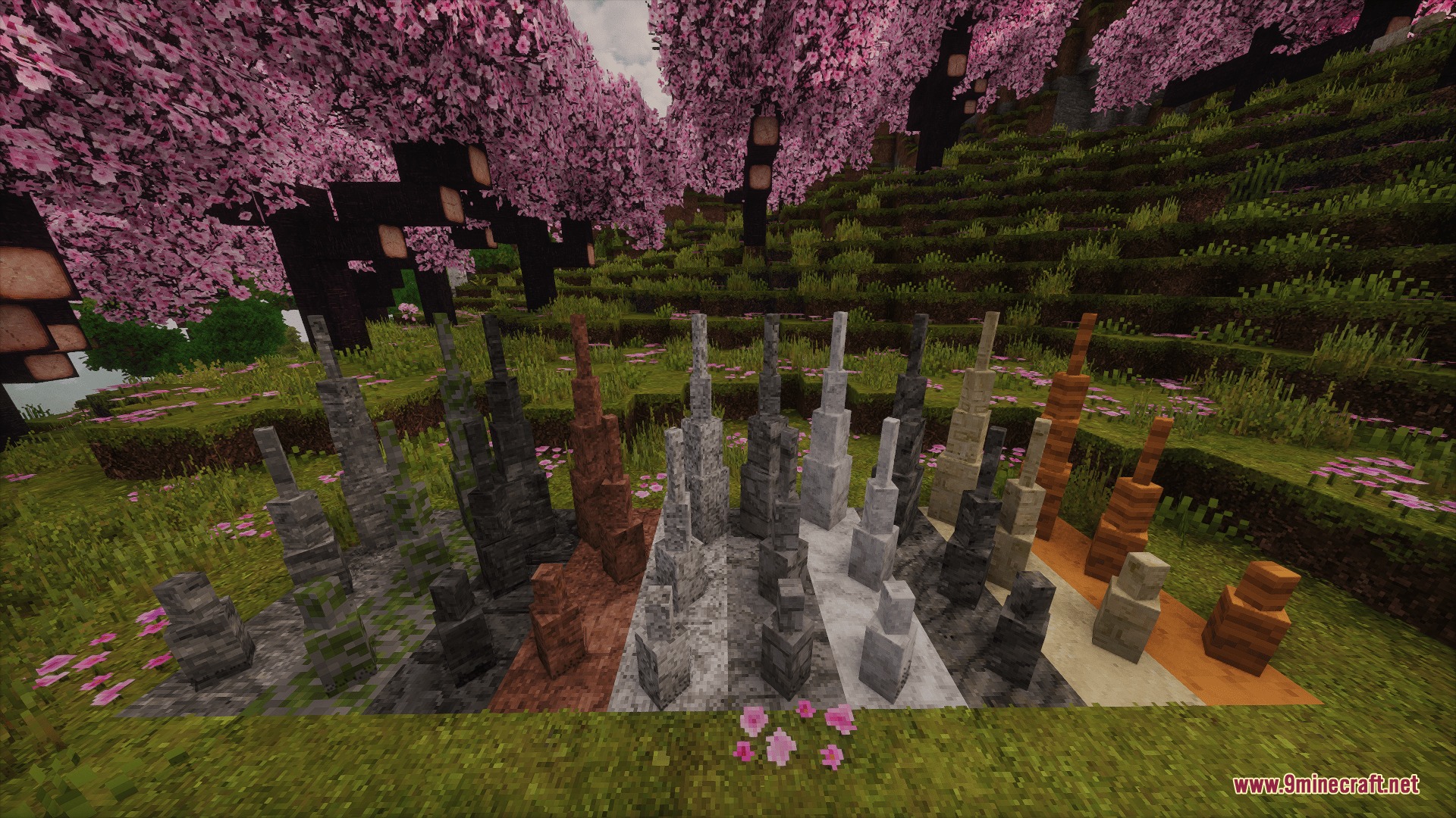 Subterranean Expansion Cave Update Mod Screenshot 2 Showcase of different stone stalagmites from the Subterranean Expansion Cave Update Mod