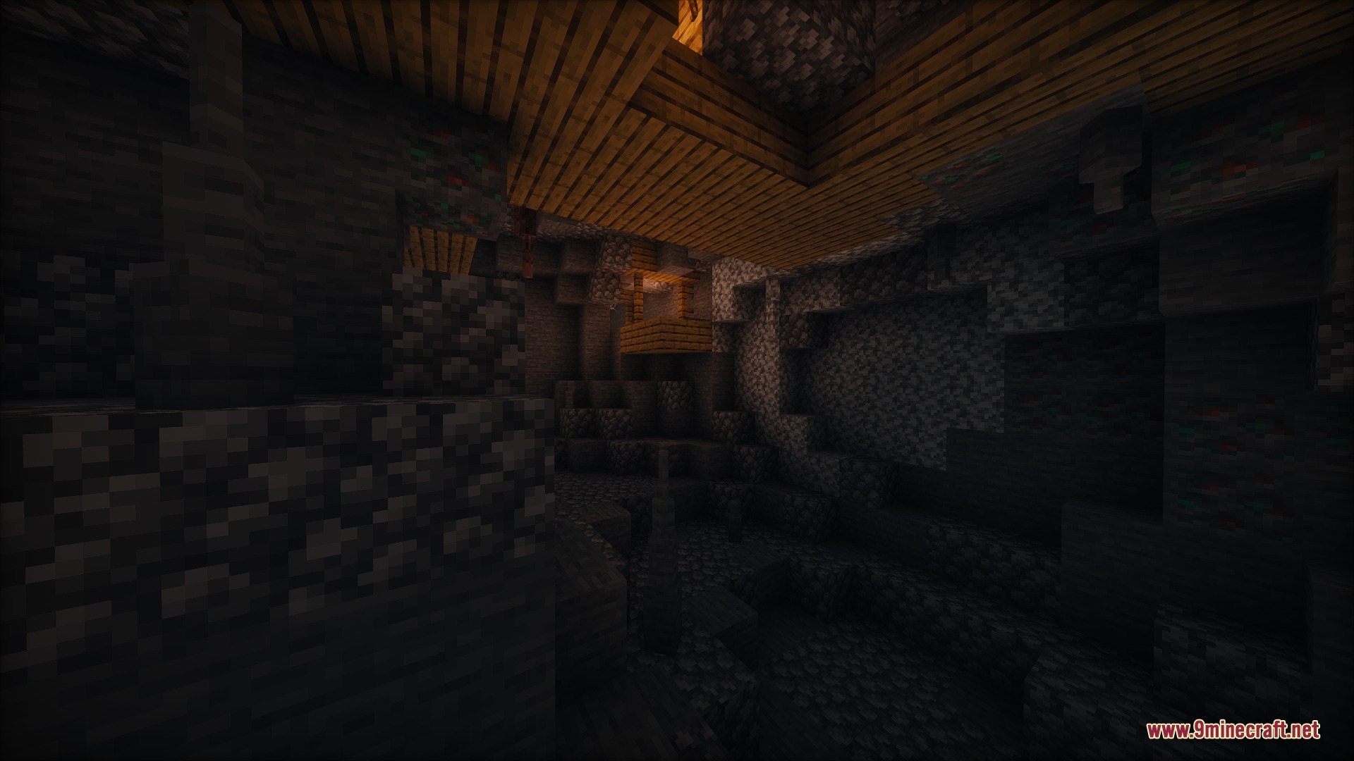 Subterranean Expansion Cave Update Mod Screenshot 3 Dark underground cave with wooden ceiling planks and natural cobblestone wall patches