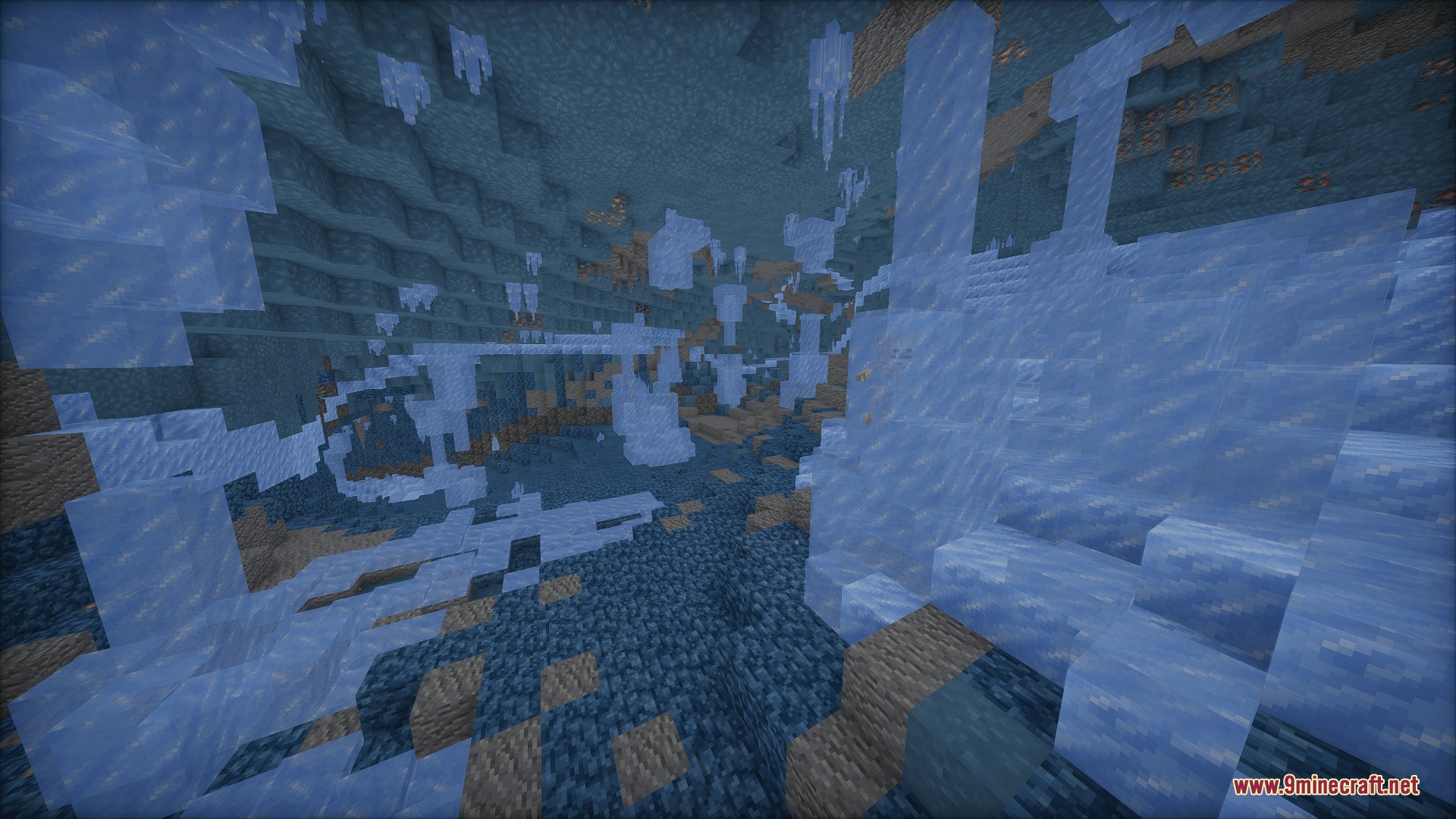 Subterranean Expansion Cave Update Mod Screenshot 7 Frozen underground cave filled with hanging icicles and blocks of blue ice