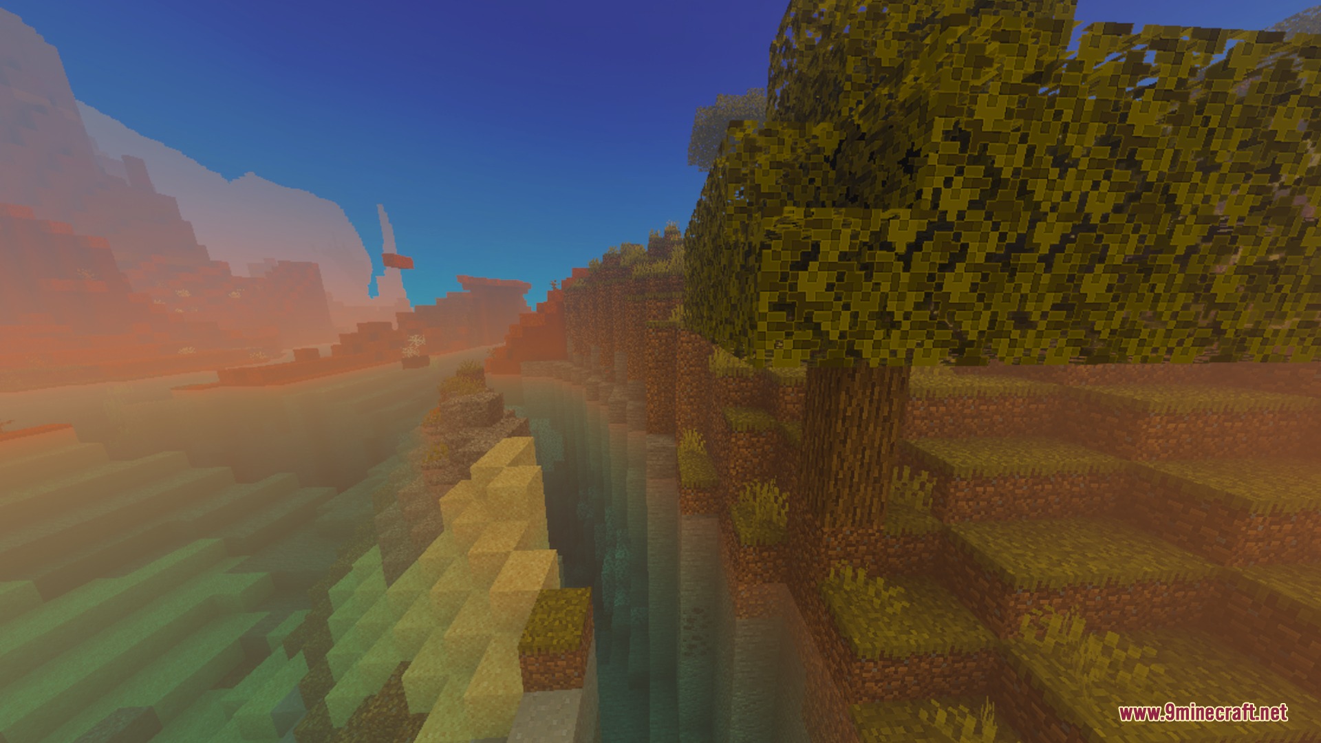 Sulfur FPS Booster Shader Screenshot 10 A scenic Minecraft landscape with a tree overlooking a deep ravine