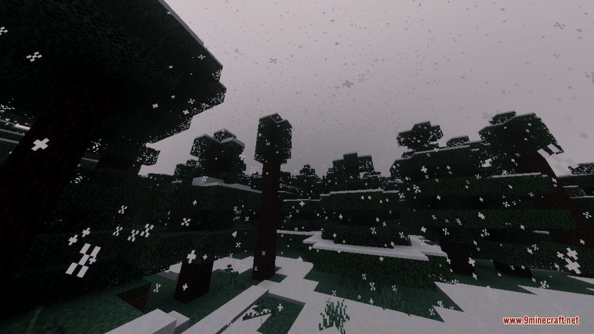 Summerset Visuals Shader Screenshot 10 Heavy snow falling over a dark forest with white ground and tall trees