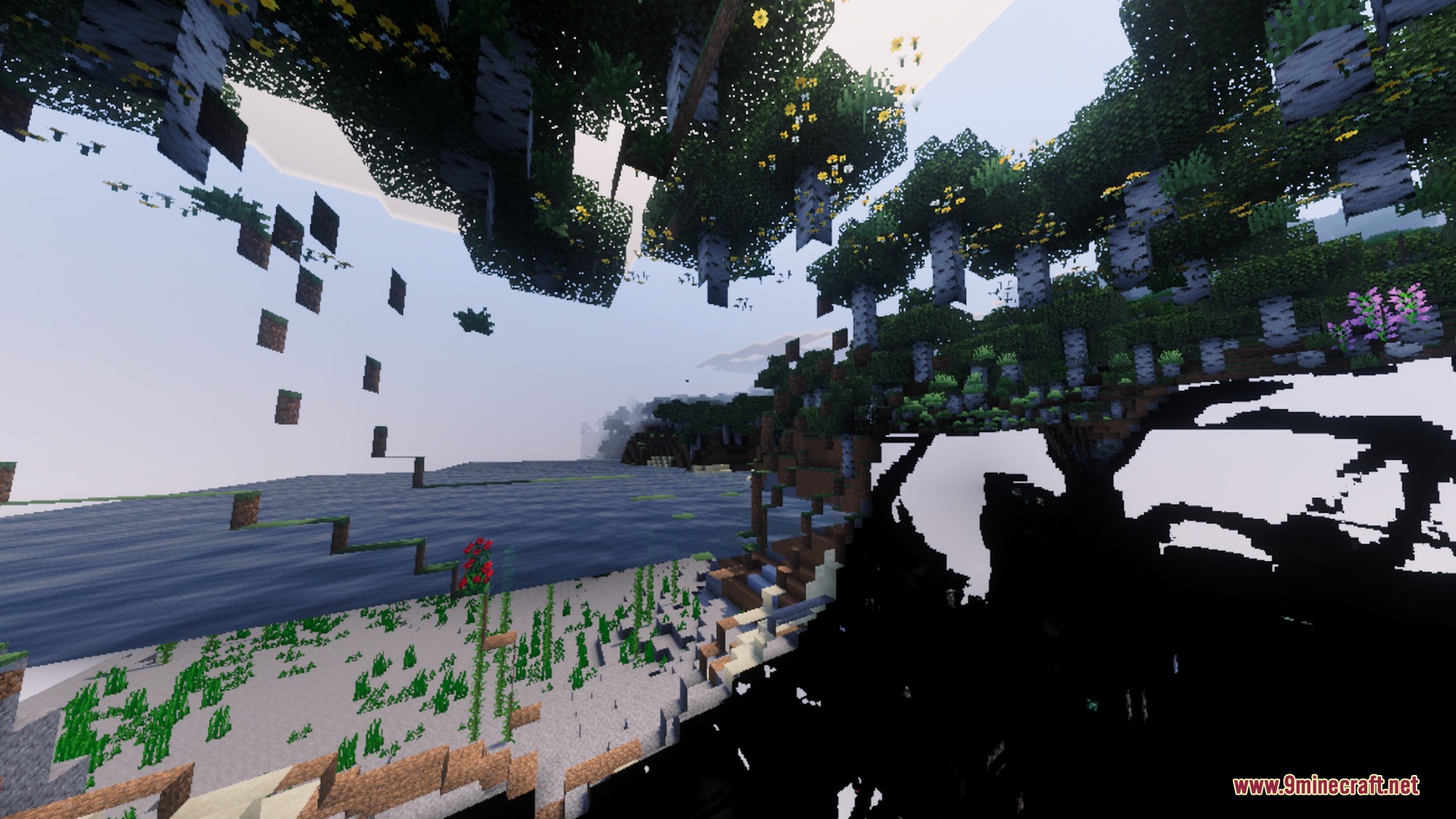 Summerset Visuals Shader Screenshot 2 Realistic lighting effects on floating flowering trees and blocks near a lake