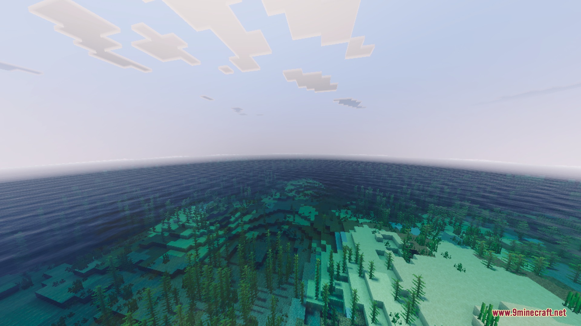 Summerset Visuals Shader Screenshot 4 Clear ocean water showing kelp under a bright sky with custom clouds