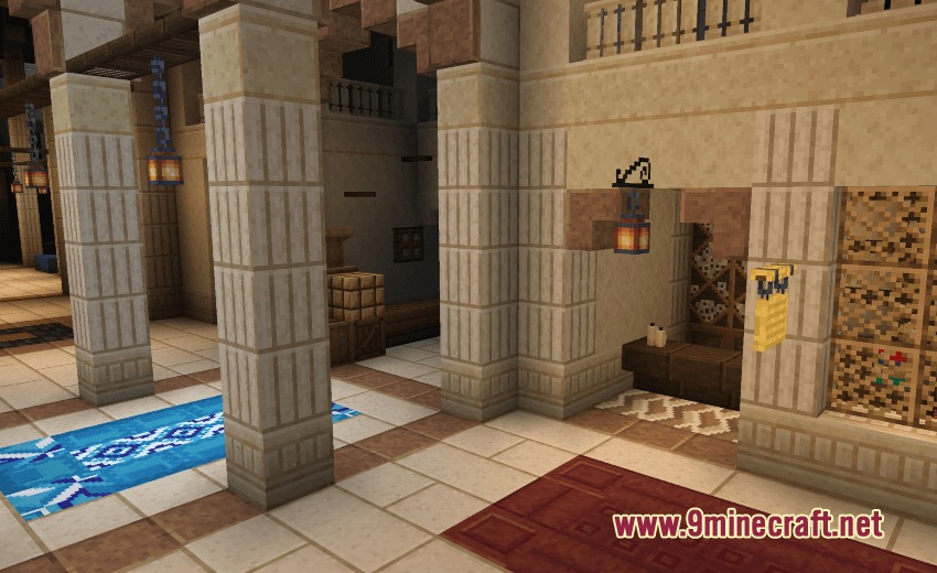 Sundries & Decor Mod Screenshot 1 Interior room featuring sandstone columns and scrolls from the Sundries and Decor Mod
