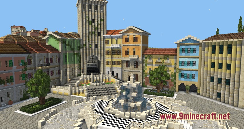 Sundries & Decor Mod Screenshot 2 A large town square with a central fountain and colorful Mediterranean style buildings