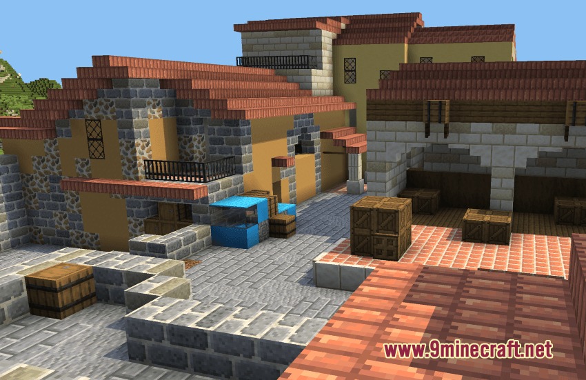 Sundries & Decor Mod Screenshot 3 Minecraft street featuring stone buildings with terracotta roofs and wooden crates