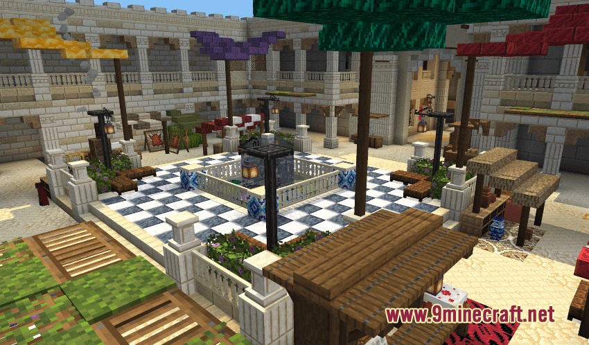 Sundries & Decor Mod Screenshot 4 Detailed marketplace courtyard with checkered tiles and various decorative furniture items