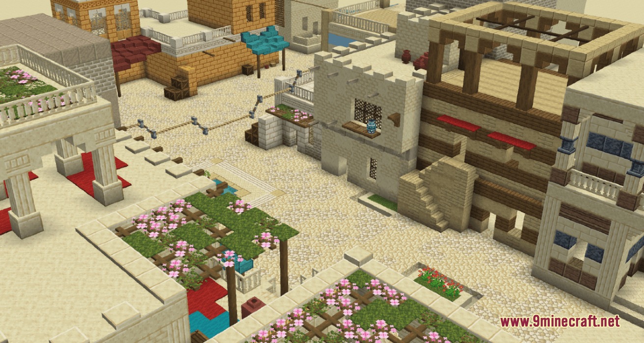 Sundries & Decor Mod Screenshot 5 A desert city featuring custom architectural pieces and decorative flowers on rooftops
