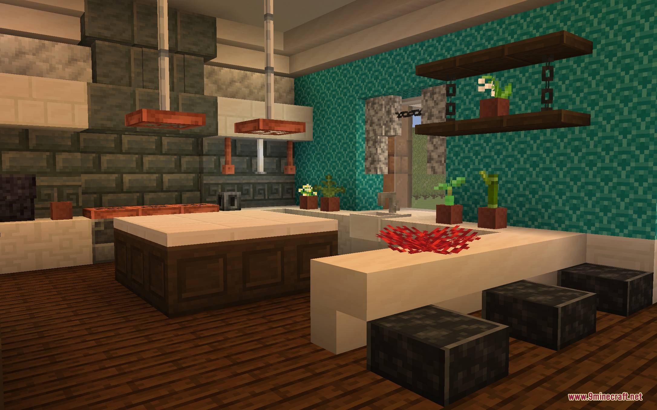 Sundries & Decor Mod Screenshot 8 Modern kitchen interior featuring a white counter and dark square stools