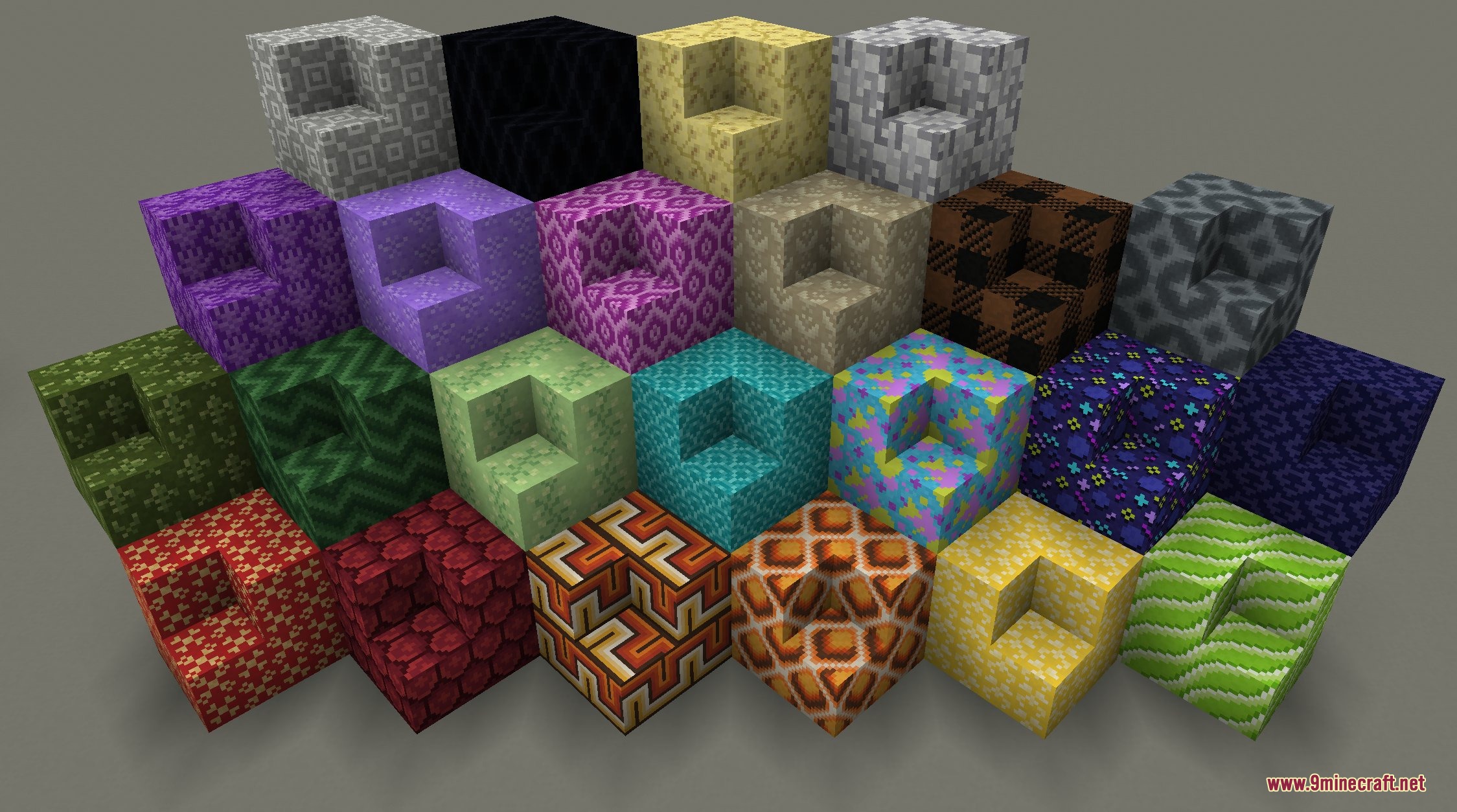 Sundries & Decor by DonjeyPangus Mod Screenshot 3 A collection of colorful patterned blocks from the Sundries and Decor mod