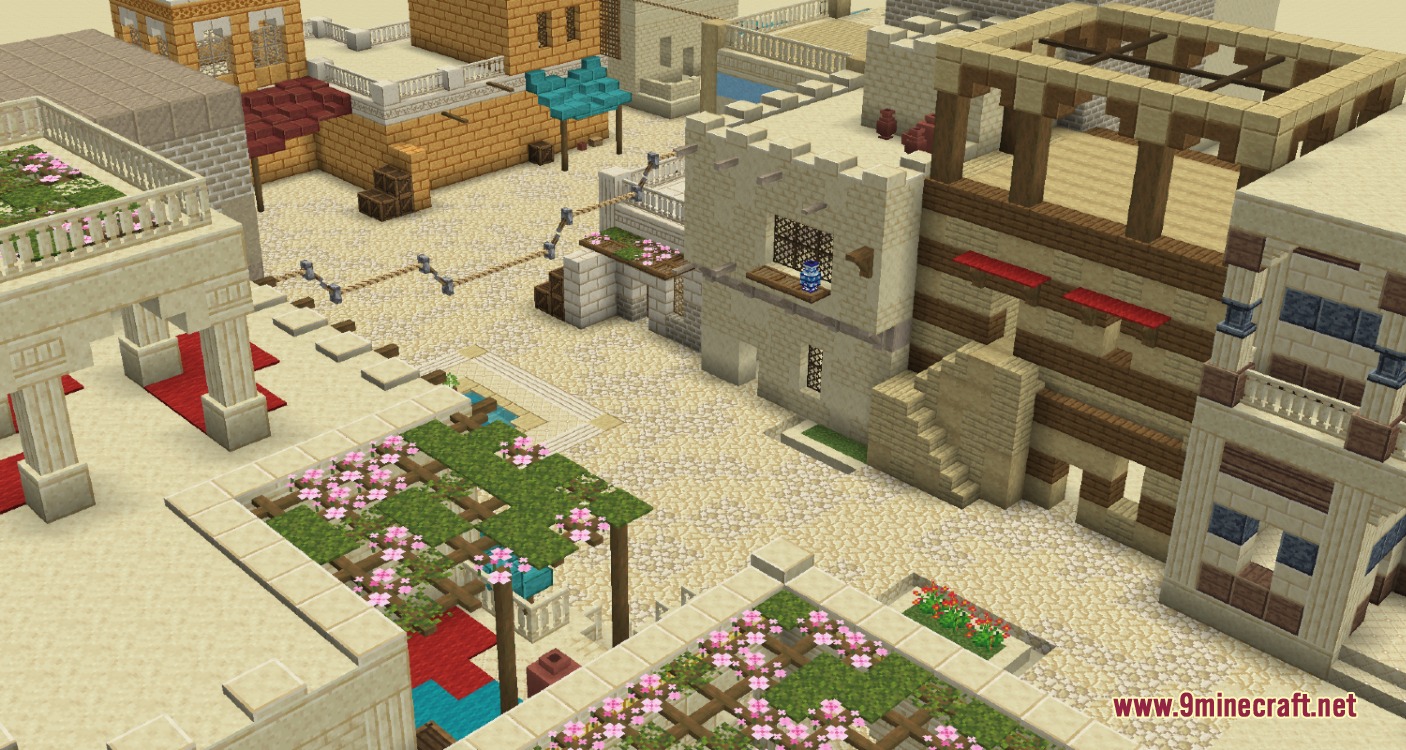 Sundries & Decor by DonjeyPangus Mod Screenshot 5 Sandstone buildings with decorative columns and pink flowers in a desert city layout
