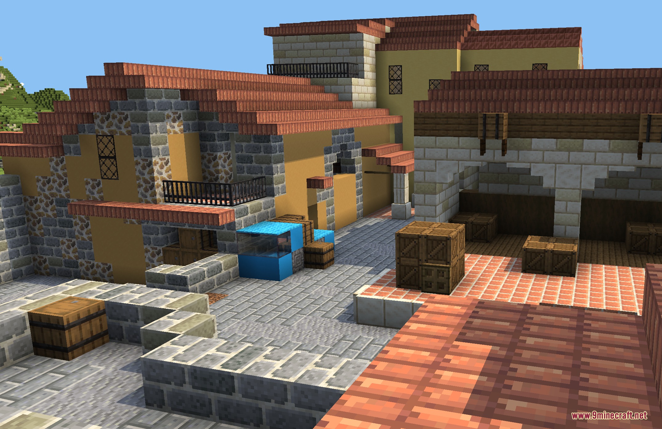 Sundries & Decor by DonjeyPangus Mod Screenshot 6 Mediterranean street with orange walls tiled roofs and wooden crates on the ground