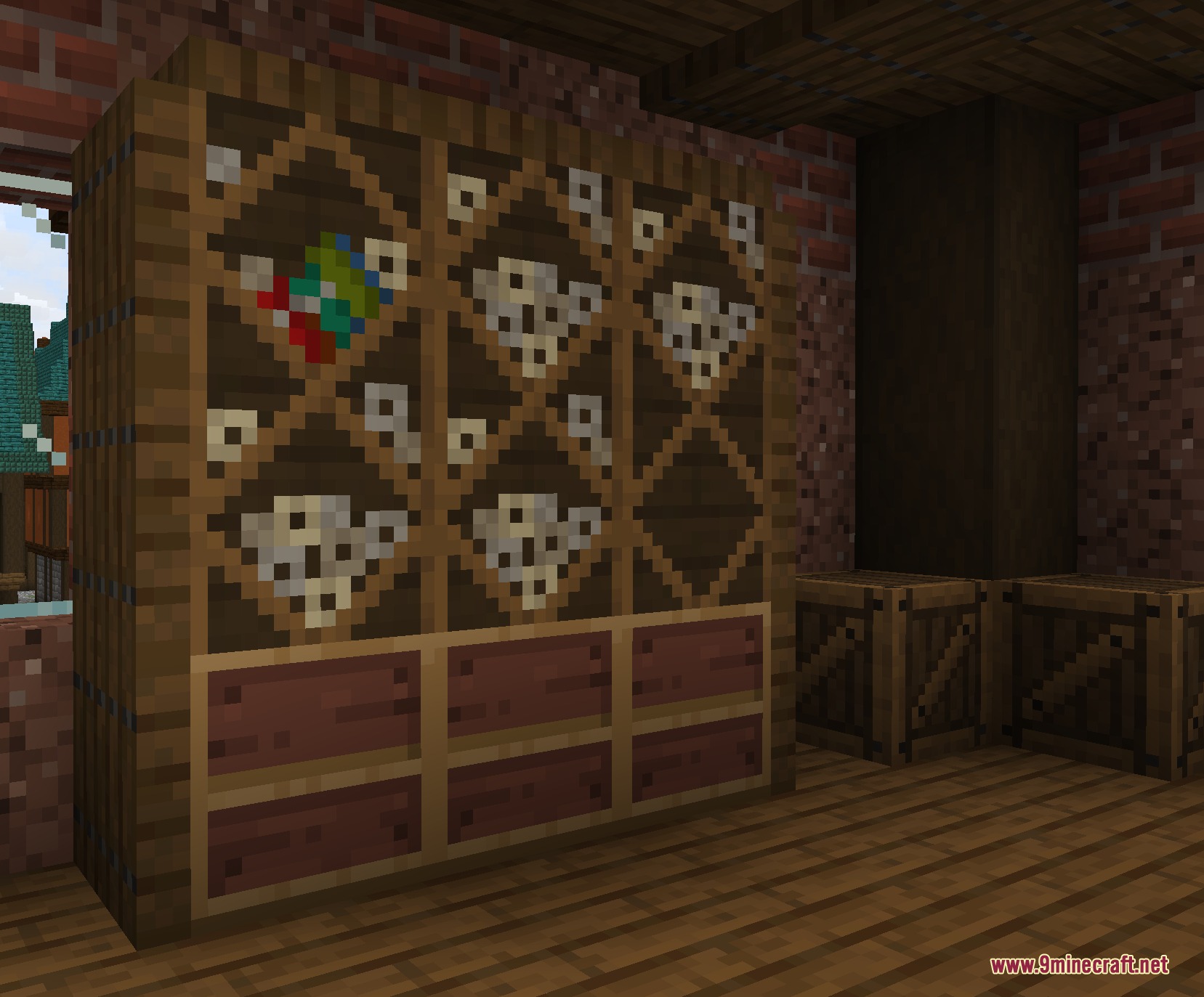 Sundries & Decor by DonjeyPangus Mod Screenshot 7 A wooden shelf with diamond shaped compartments holding various items and drawers