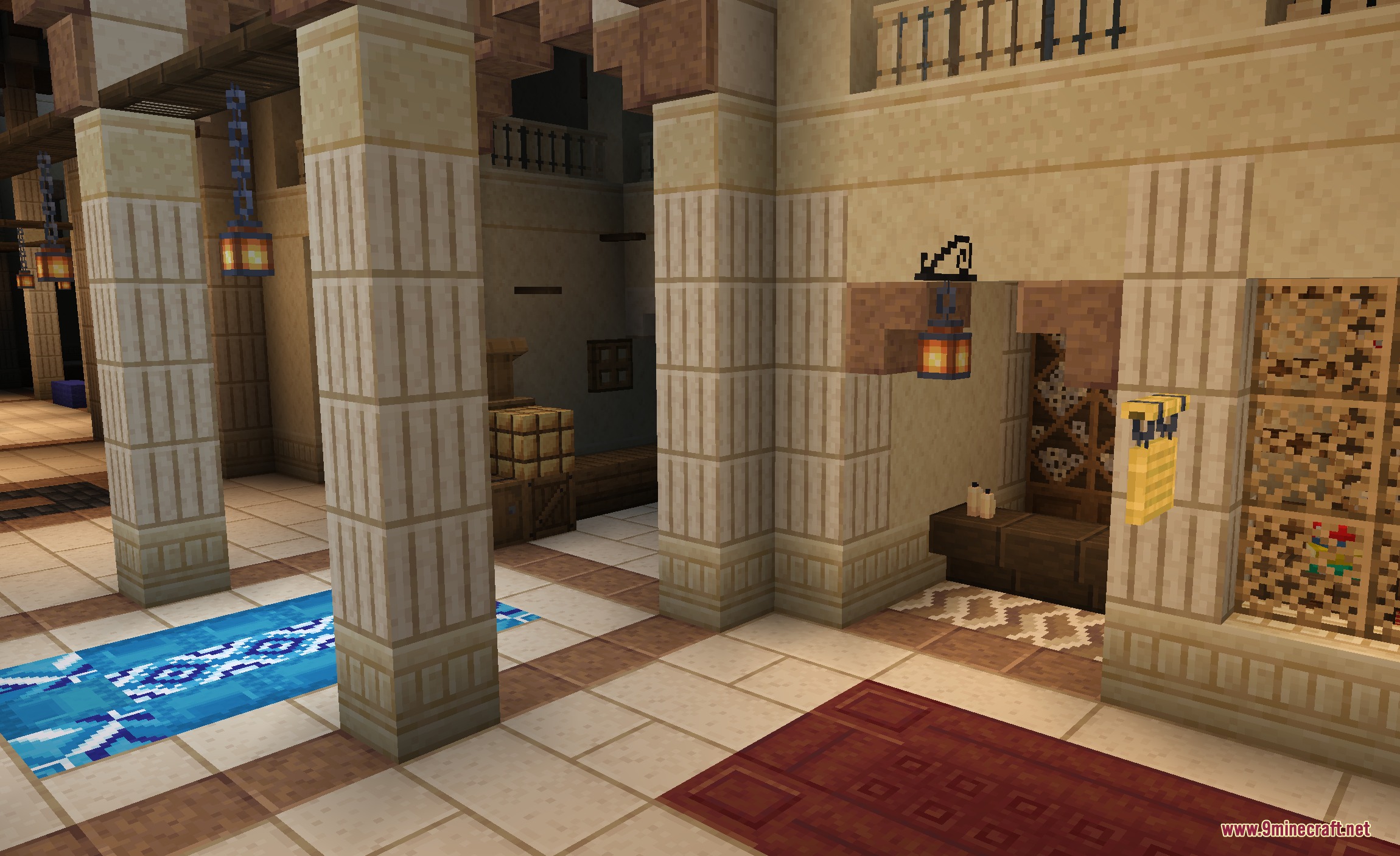 Sundries & Decor by DonjeyPangus Mod Screenshot 8 A grand sandstone interior with tall pillars and a blue patterned carpet