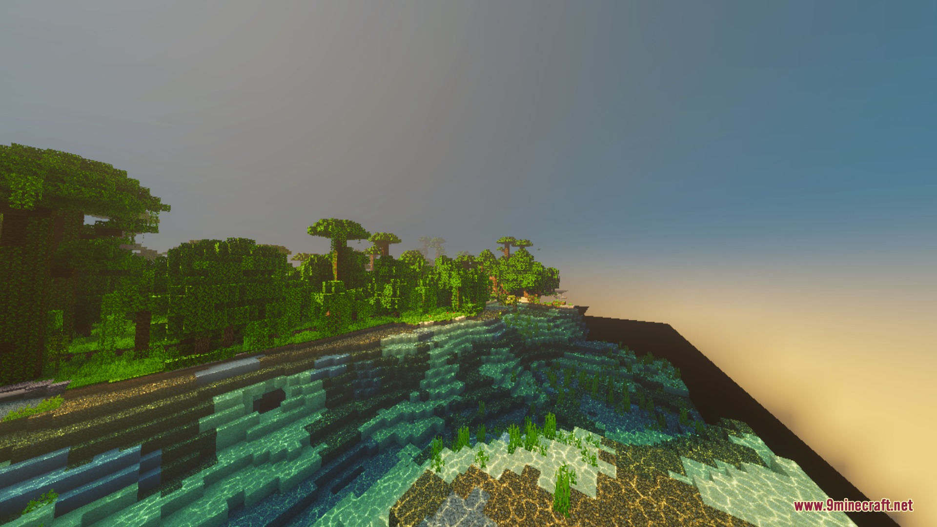 Sunglid Visuals Shader Screenshot 1 Warm golden sunlight glows over lush green jungle trees and clear blue water