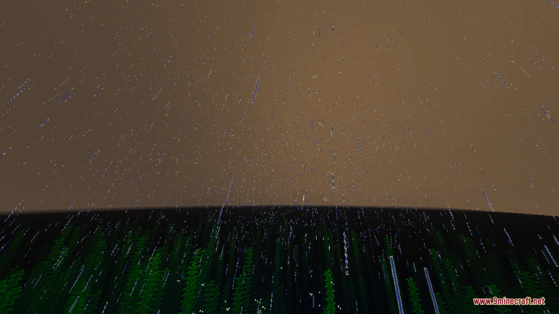 Sunglid Visuals Shader Screenshot 10 Rain falling over a dark forest under a warm golden sunset sky