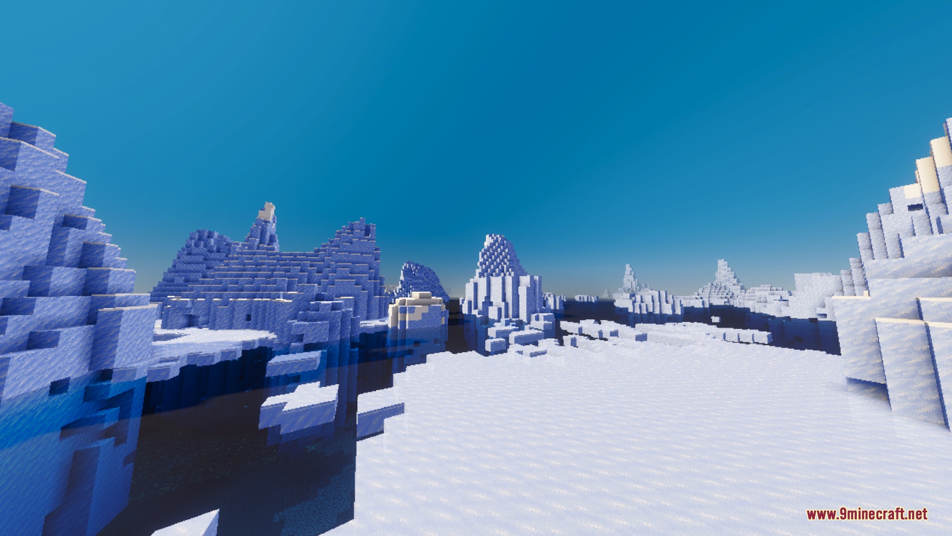 Sunglid Visuals Shader Screenshot 2 Massive icebergs float in a frozen ocean under a clear bright blue sky
