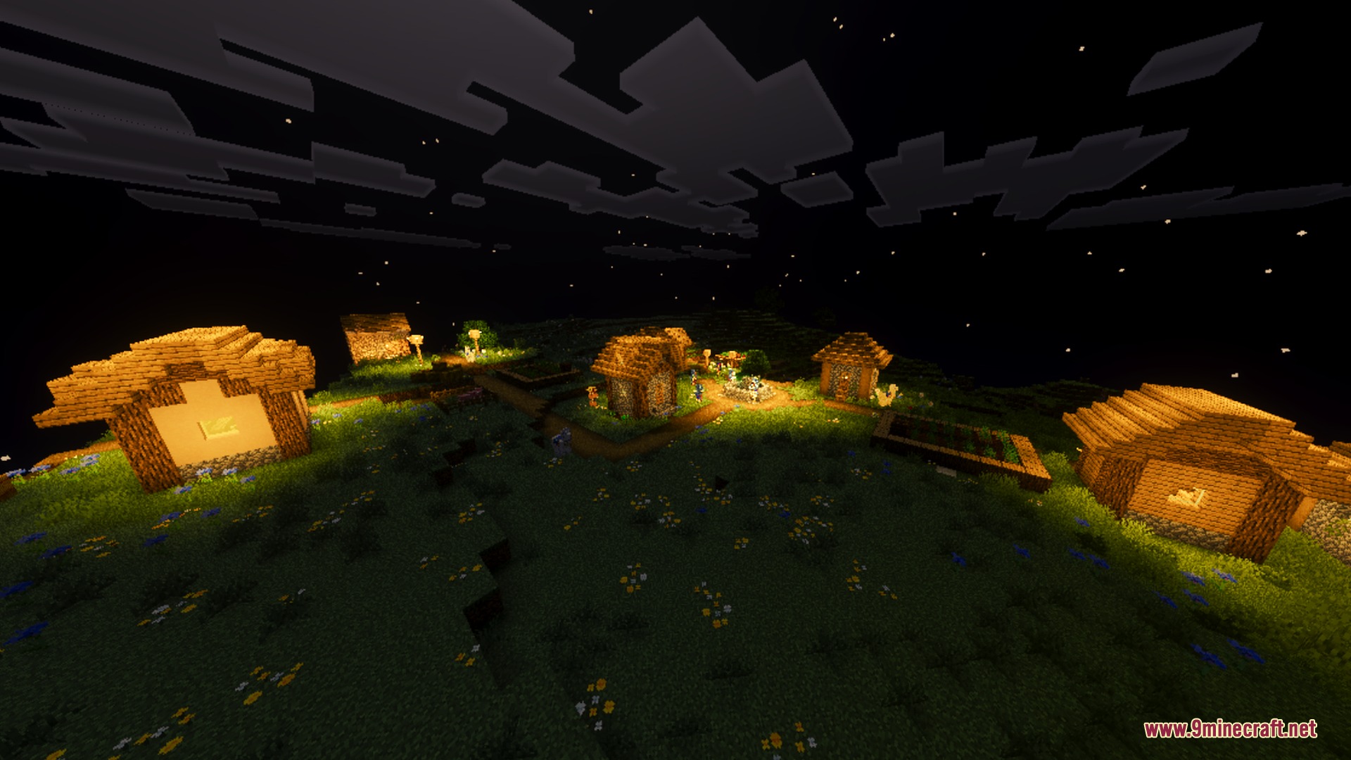 Sunglid Visuals Shader Screenshot 3 Warm golden light illuminates a village under a cloudy Minecraft night sky