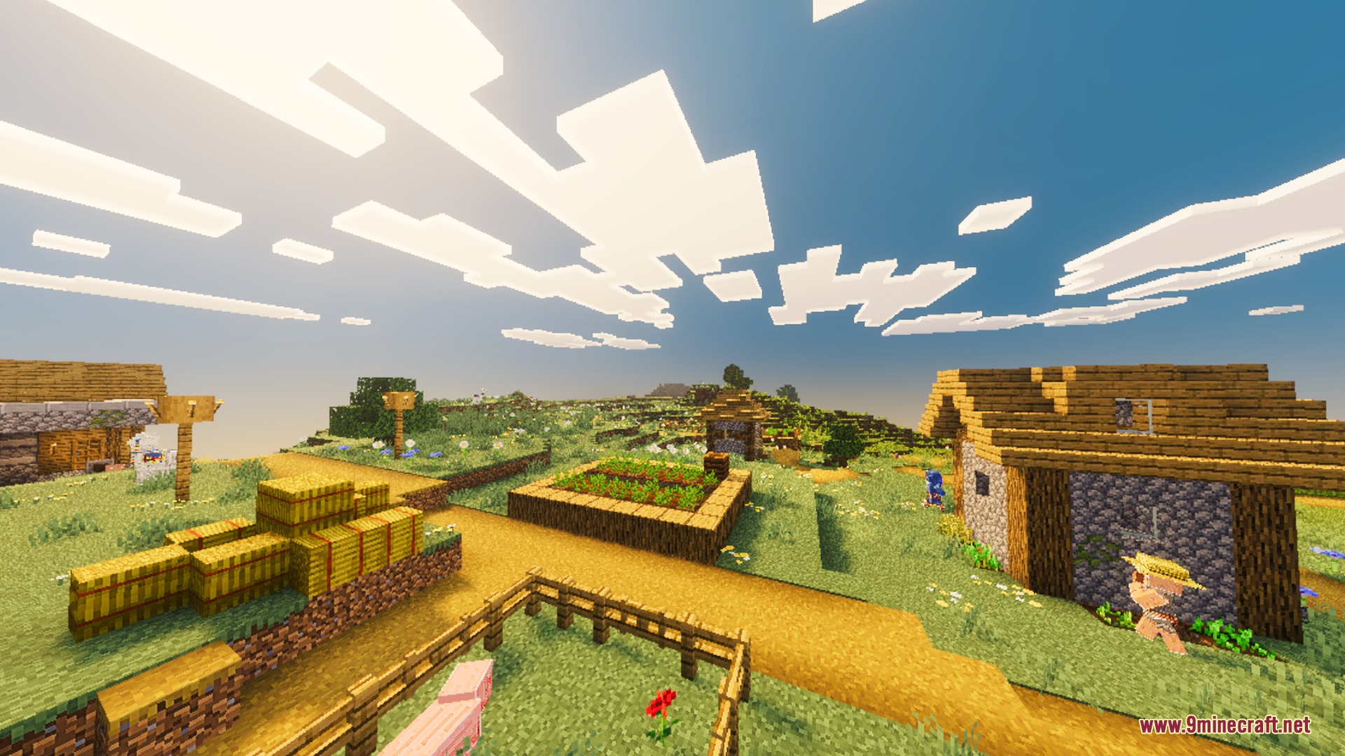 Sunglid Visuals Shader Screenshot 5 A peaceful Minecraft village with hay bales under a warm golden sky