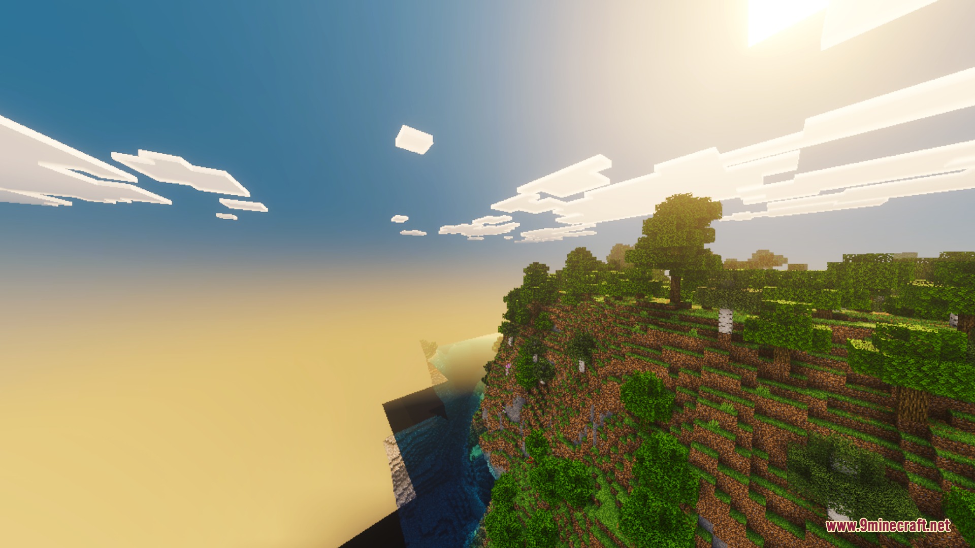 Sunglid Visuals Shader Screenshot 6 Lush green trees on a cliffside overlooking water in bright sunlight