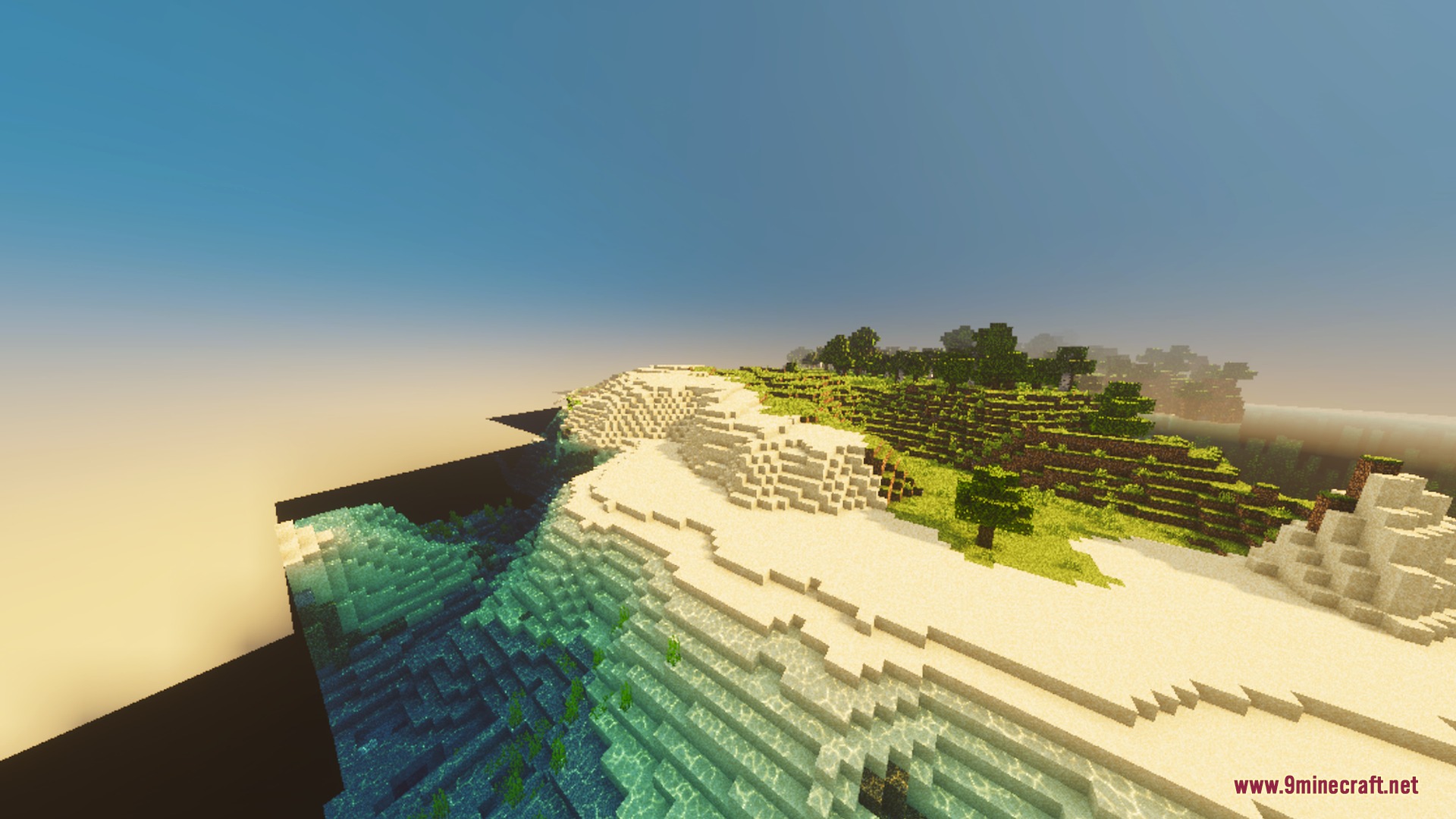 Sunglid Visuals Shader Screenshot 7 Sunglid Visuals creates a warm golden atmosphere over a scenic coastal beach