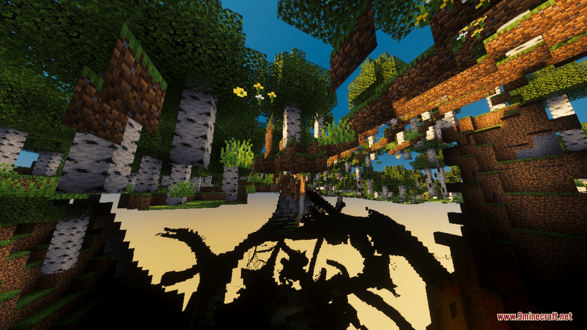 Sunglid Visuals Shader Screenshot 8 Golden sunlight filters through birch trees in a forest with rich foliage shading