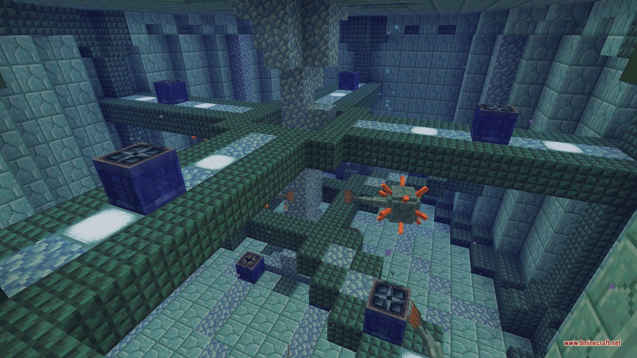 A large prismarine trial chamber with walkways and a guardian mob swimming