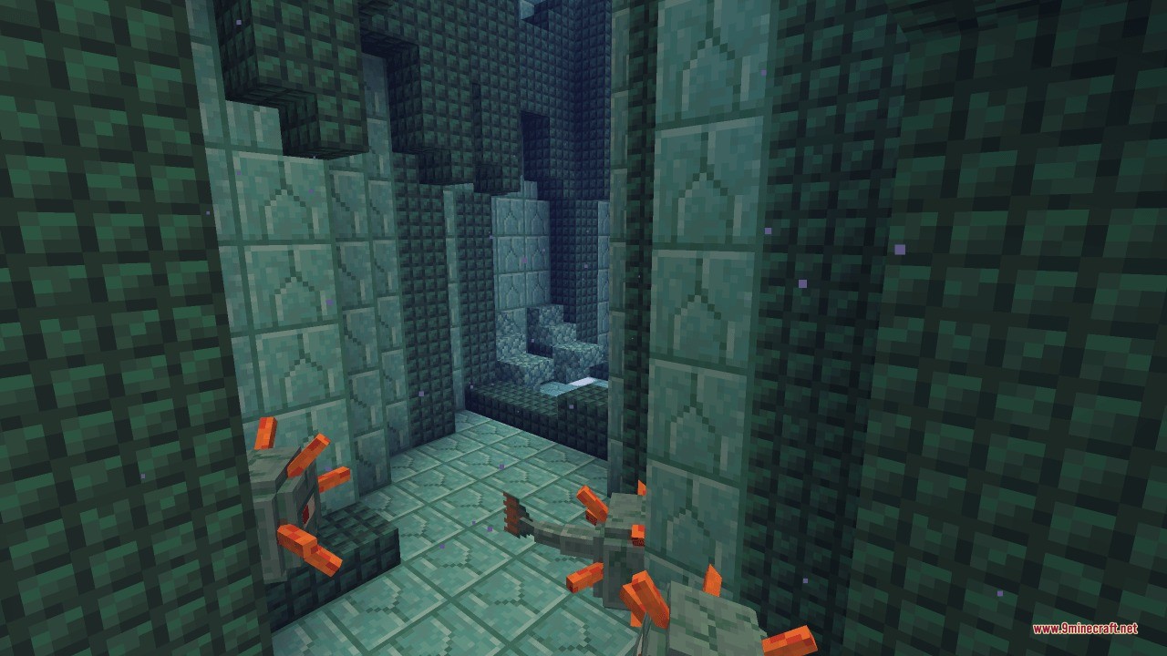 Guardians swim through the narrow corridors of a sunken prismarine building