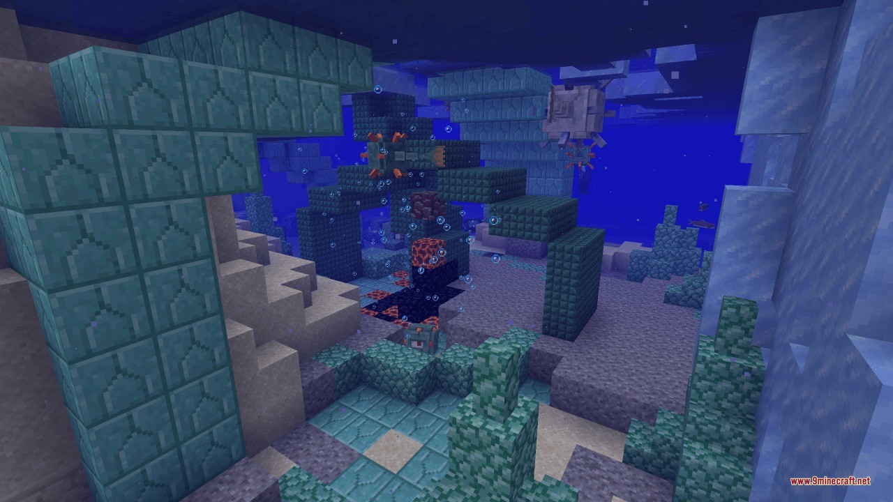 Sunken prismarine ruins with magma blocks and a guardian on the ocean floor