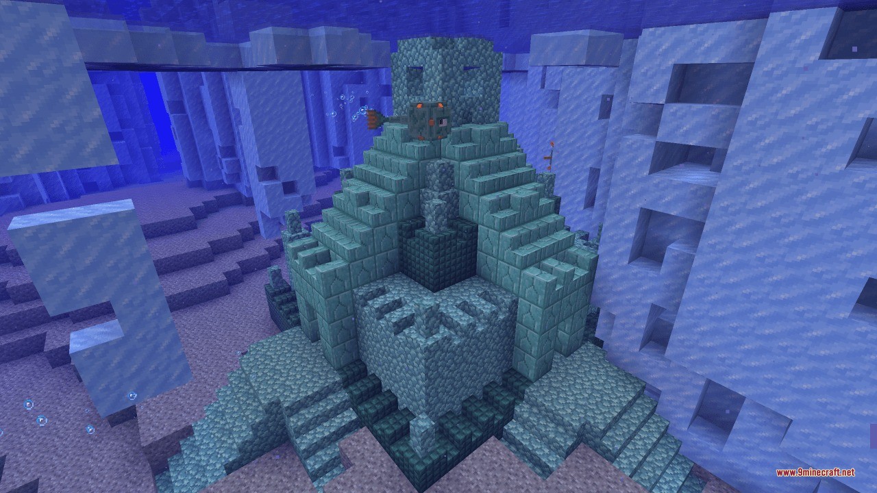 A prismarine temple structure stands underwater surrounded by large ice pillars