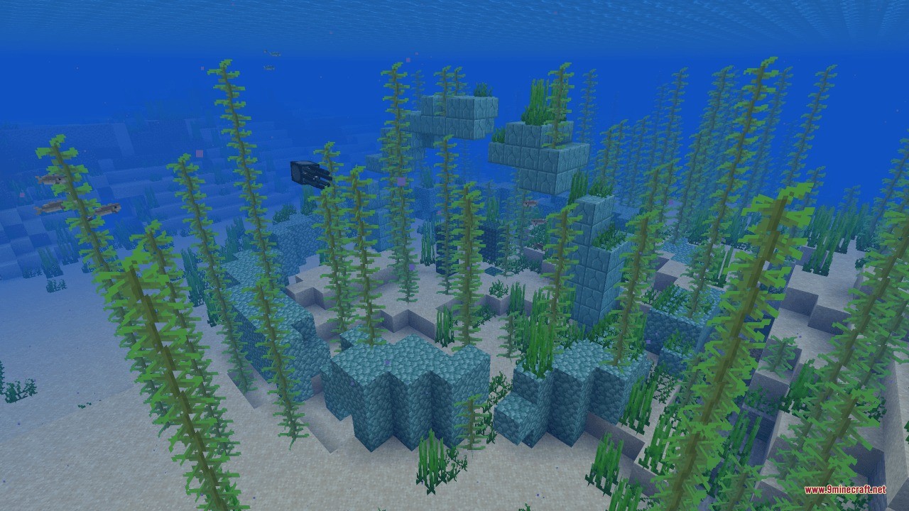A squid swims near prismarine ruins and tall kelp underwater