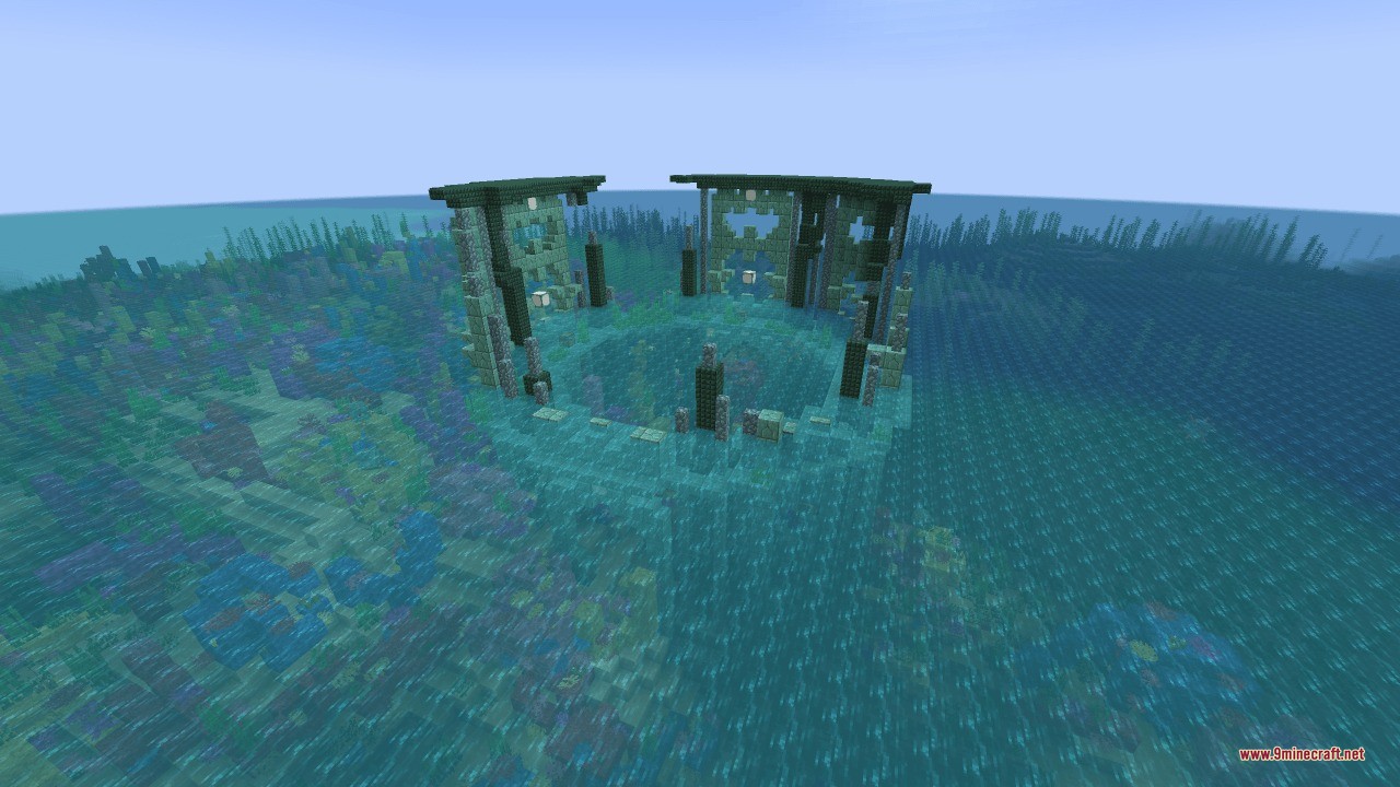 A large circular prismarine colosseum structure rises from the deep ocean