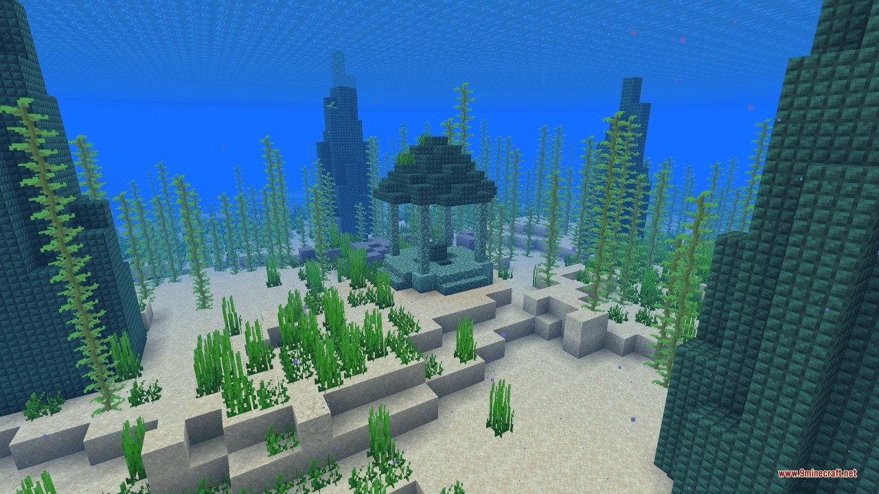 Small prismarine gazebo surrounded by tall kelp and spires on the ocean floor