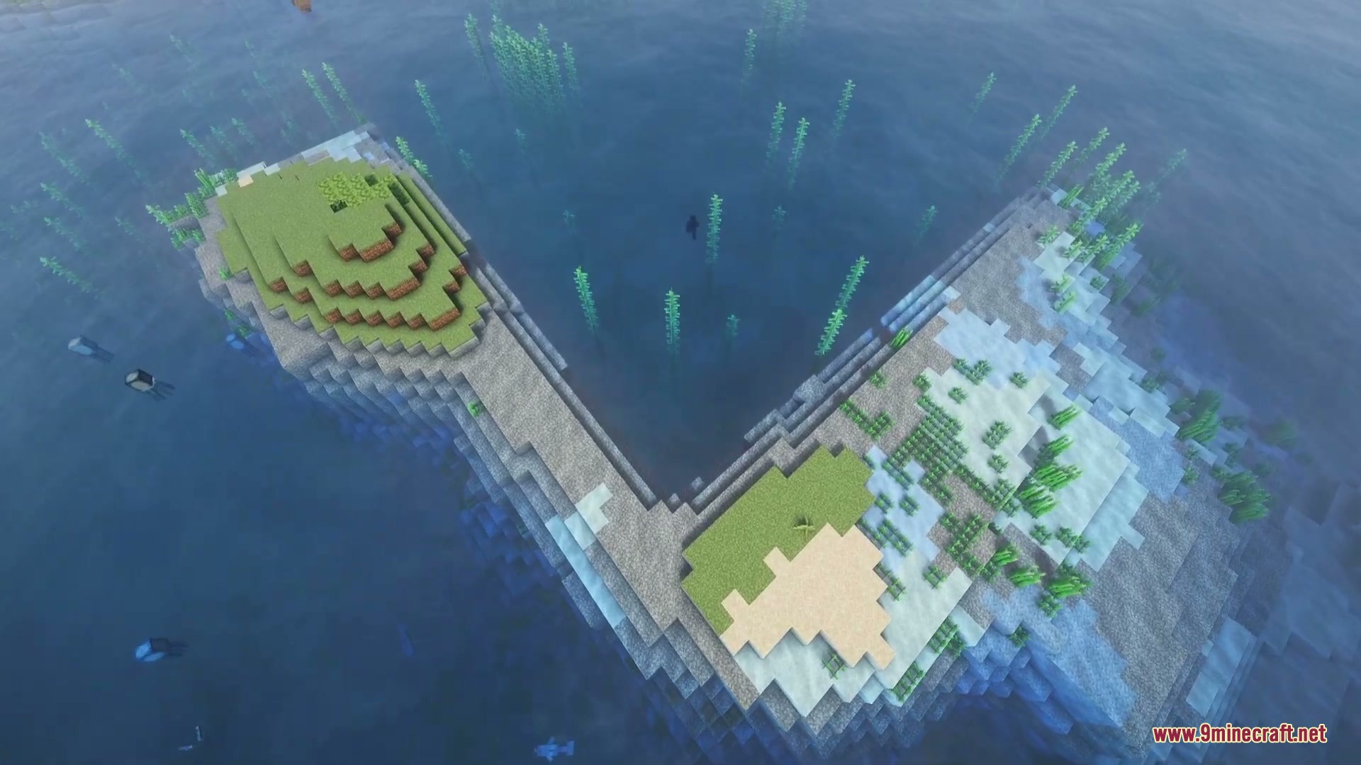 Sunken Topography Mod Screenshot 2 Aerial view of water color gradients around a small grassy island in Minecraft