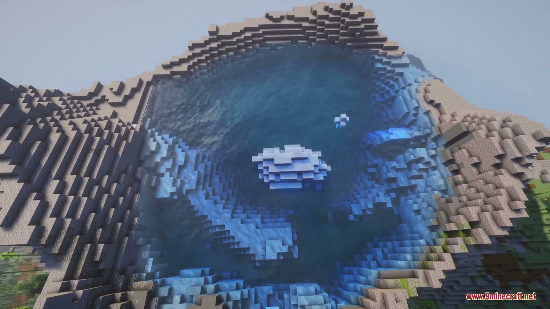 Sunken Topography Mod Screenshot 4 Deep dark blue water fills a circular ocean trench surrounding an iceberg