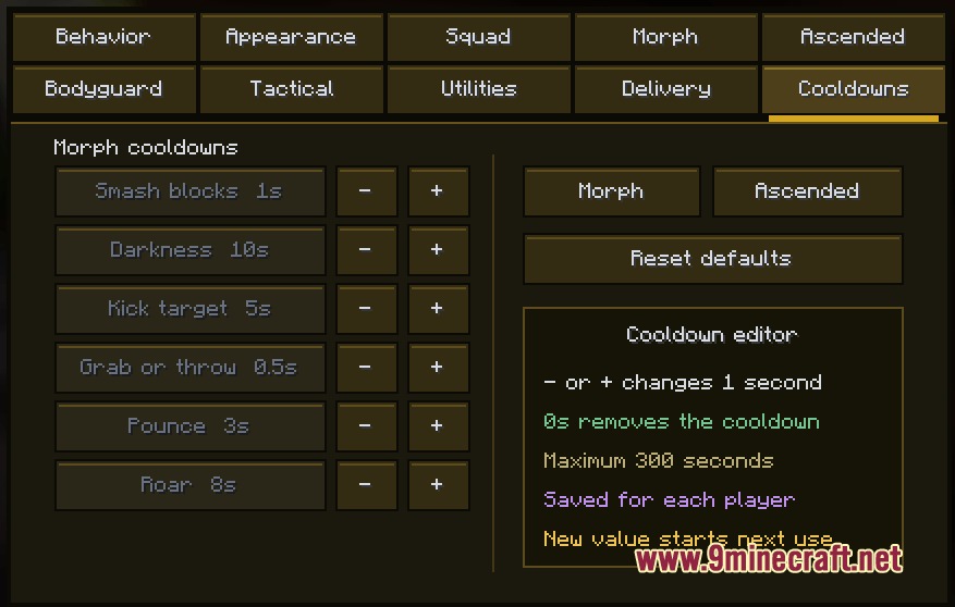 Sunny S OP Panel Mod Screenshot 1 A Minecraft menu for adjusting cooldown times of various morph abilities