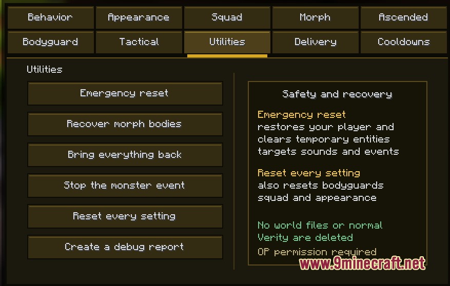 Sunny S OP Panel Mod Screenshot 3 Minecraft user interface showing utility options for emergency reset and recovery