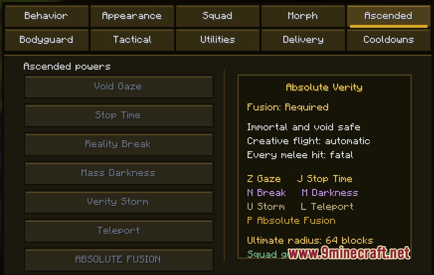 Sunny S OP Panel Mod Screenshot 5 Minecraft menu displaying ascended powers and absolute verity fusion combat abilities