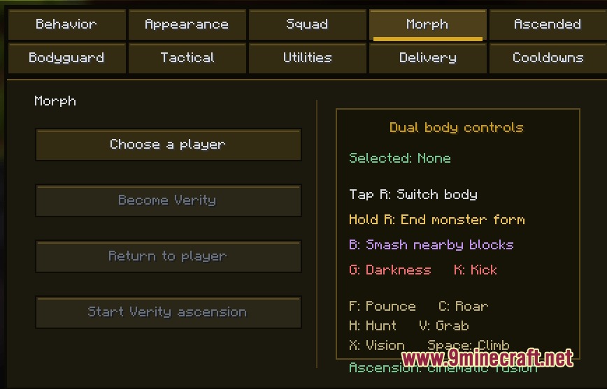 Sunny S OP Panel Mod Screenshot 6 Morph menu for transforming into creatures and using monster form controls