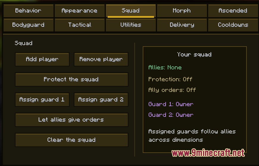 Sunny S OP Panel Mod Screenshot 7 Minecraft user interface for managing squad members and assigning protective bodyguard roles