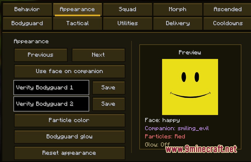 Sunny S OP Panel Mod Screenshot 8 Minecraft menu for customizing companion appearance with a yellow smiley face preview