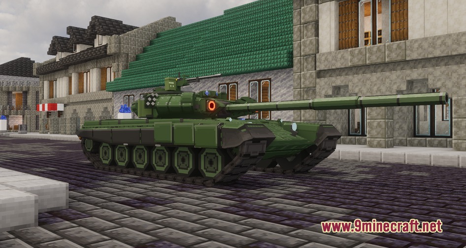 A green military tank from Superb Warfare Re Fabricated Mod on a street