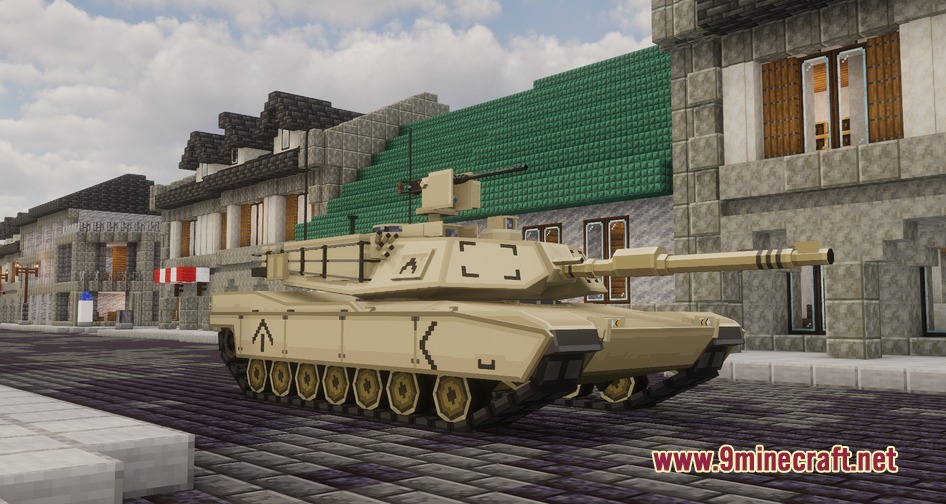 A tan military tank parked on a cobblestone street in a Minecraft city