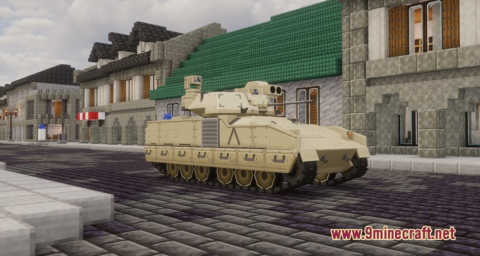 A desert tan tracked tank parked on a cobblestone road in Minecraft
