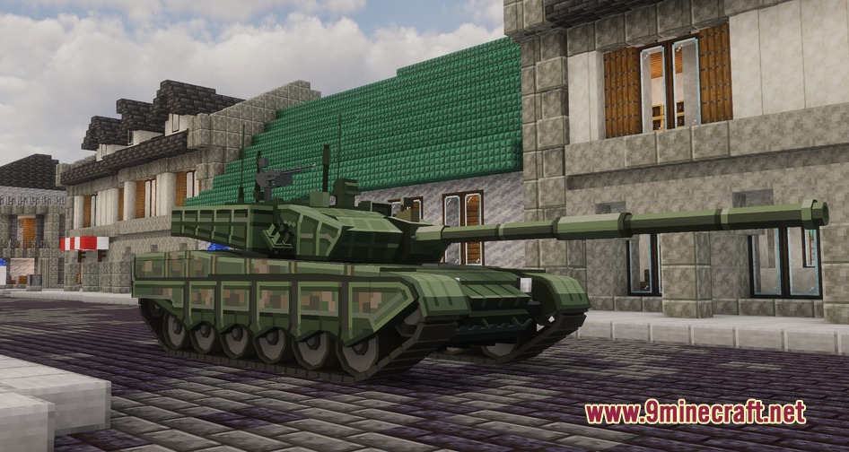 A green camouflage tank parked on a cobblestone street in a city