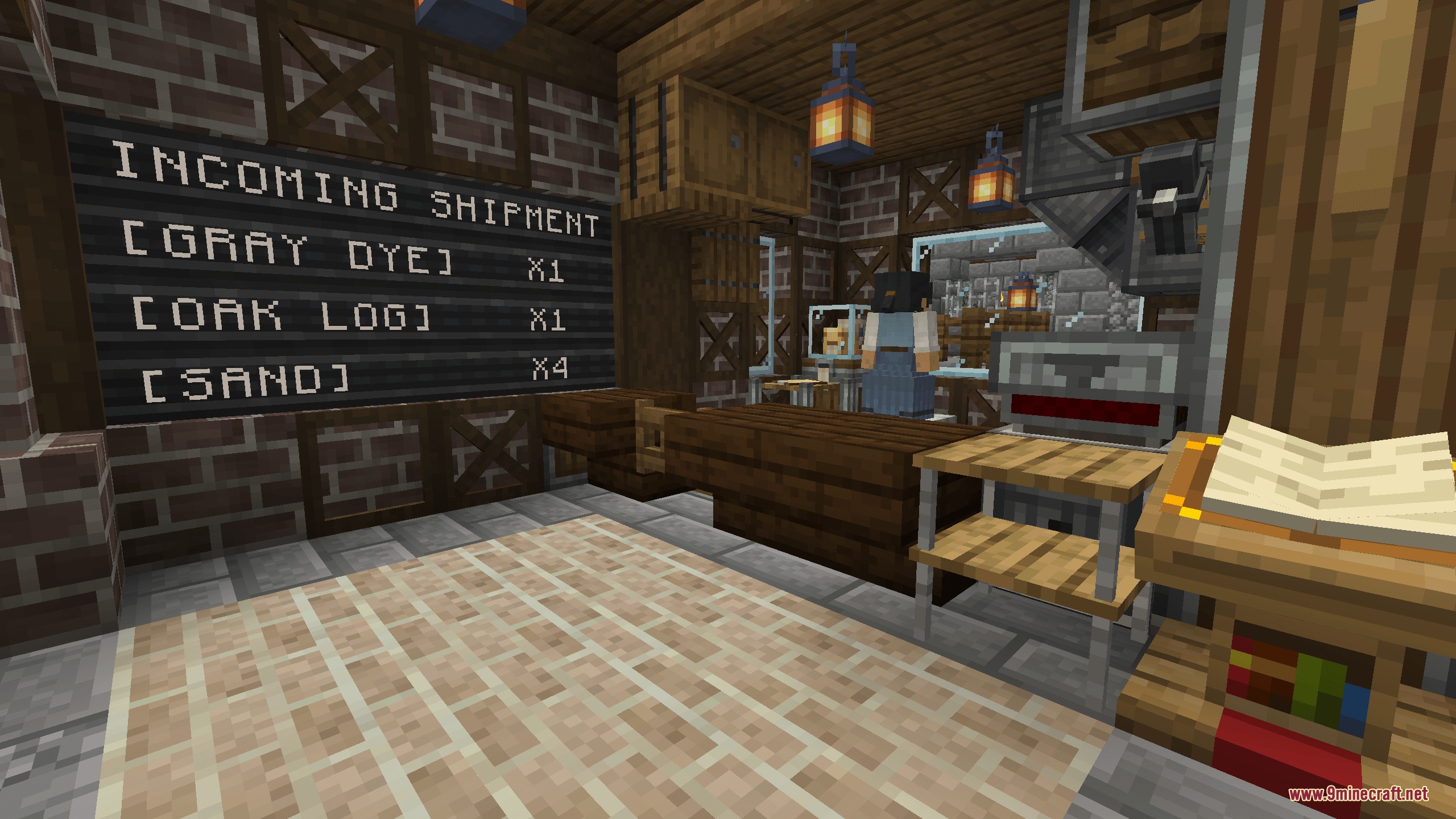 A worker NPC stands behind a counter near an incoming shipment board