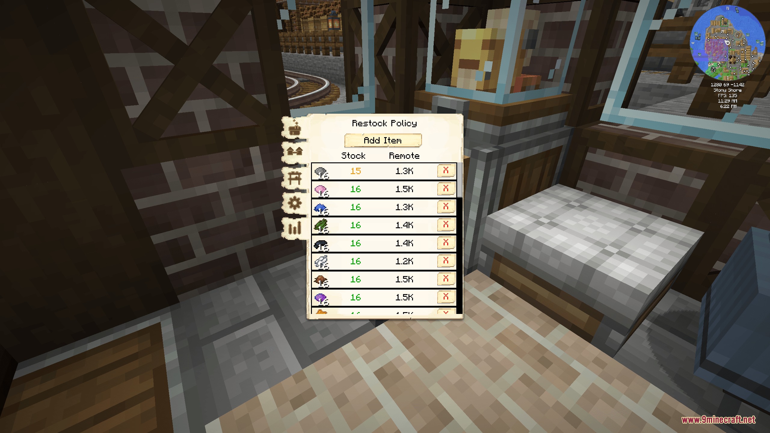 Restock policy menu showing current stock levels and remote item quantities available
