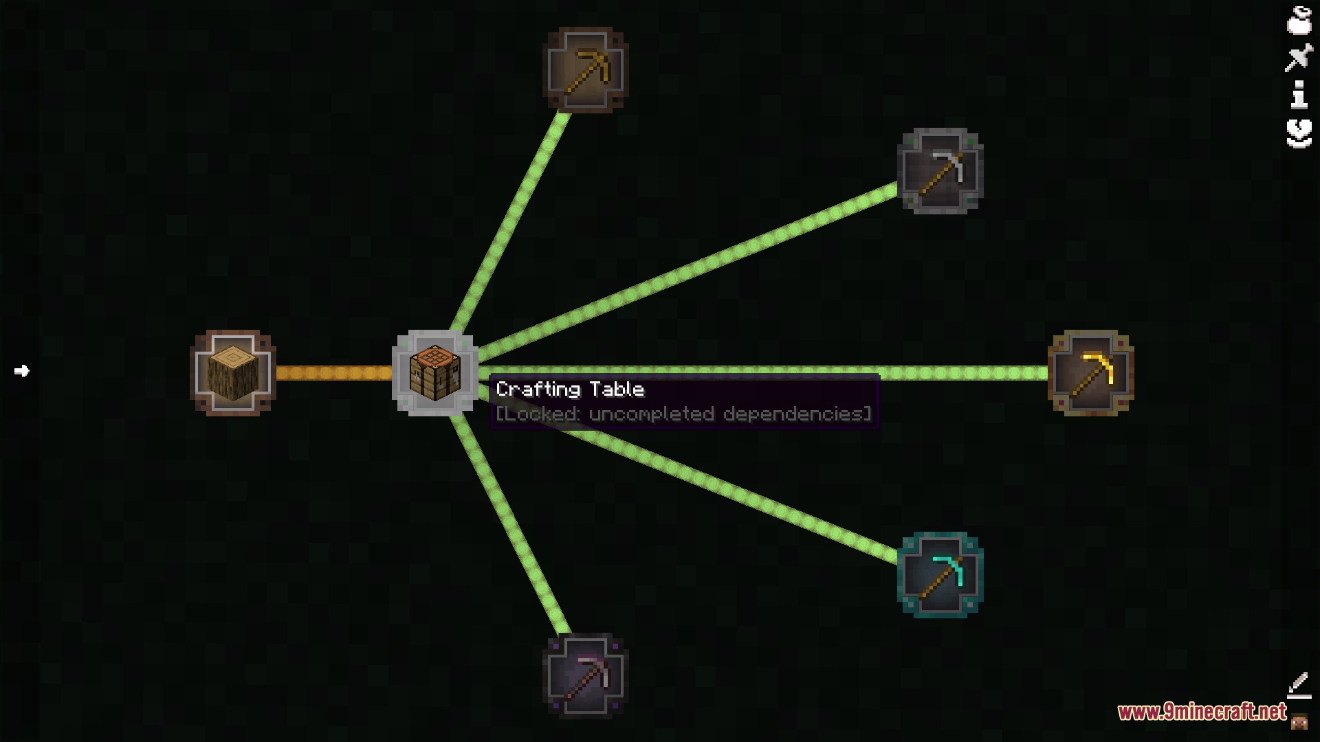 Quest tree interface showing progression from wood to various pickaxe tiers
