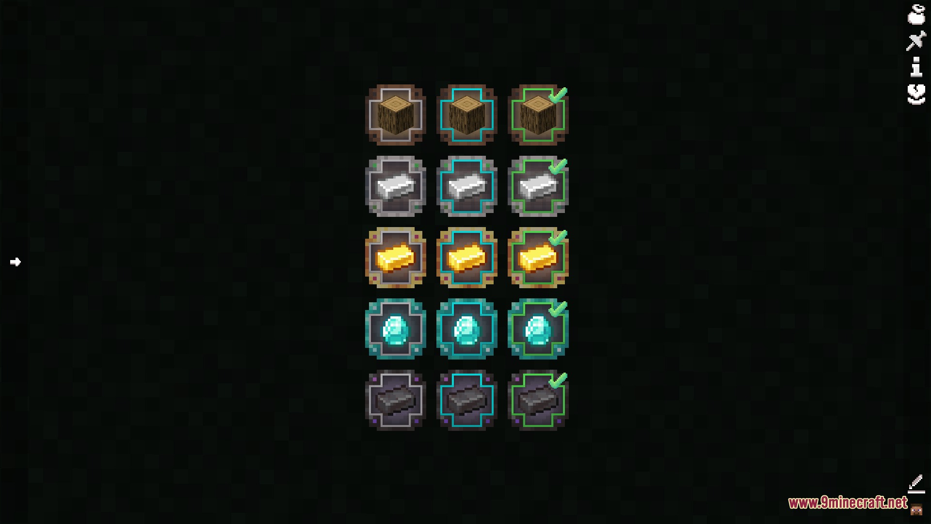Grid of quest icons categorized by wood iron gold diamond and netherite